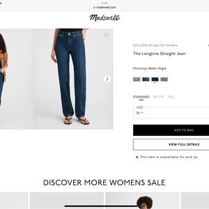 Madewell The Longline Straight Jean Mckinney Wash Rigid Denim Size 26